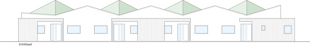 Enkel illustration av entrefasad med fyra dörrar.
