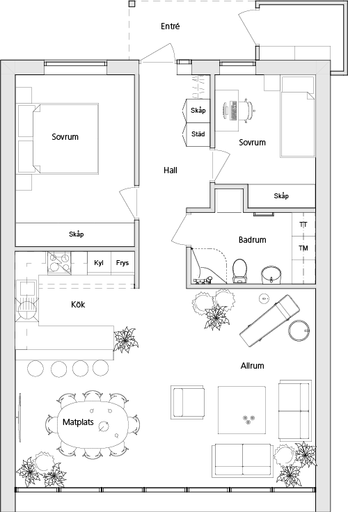 Planritning av lägenhet med tre rum och kök.