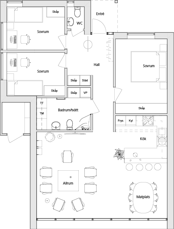 Planritning av lägenhet med fyra rum och kök.