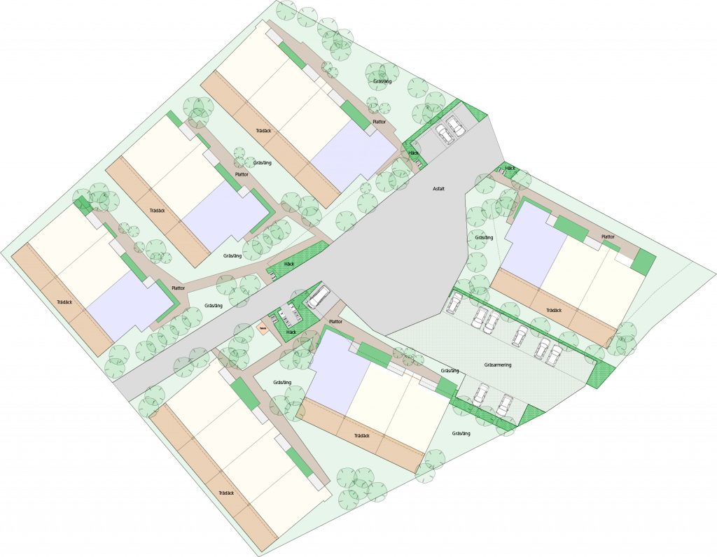 Plan över området med hus, vägar, parkeringar och grönområden.