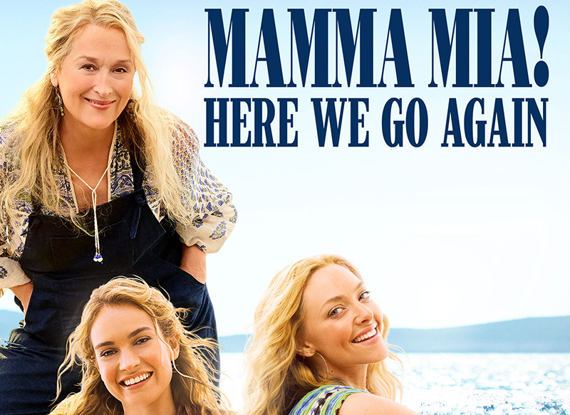 Bioreklam med foton på skådespelare och texten Mamma Mia - here we go again