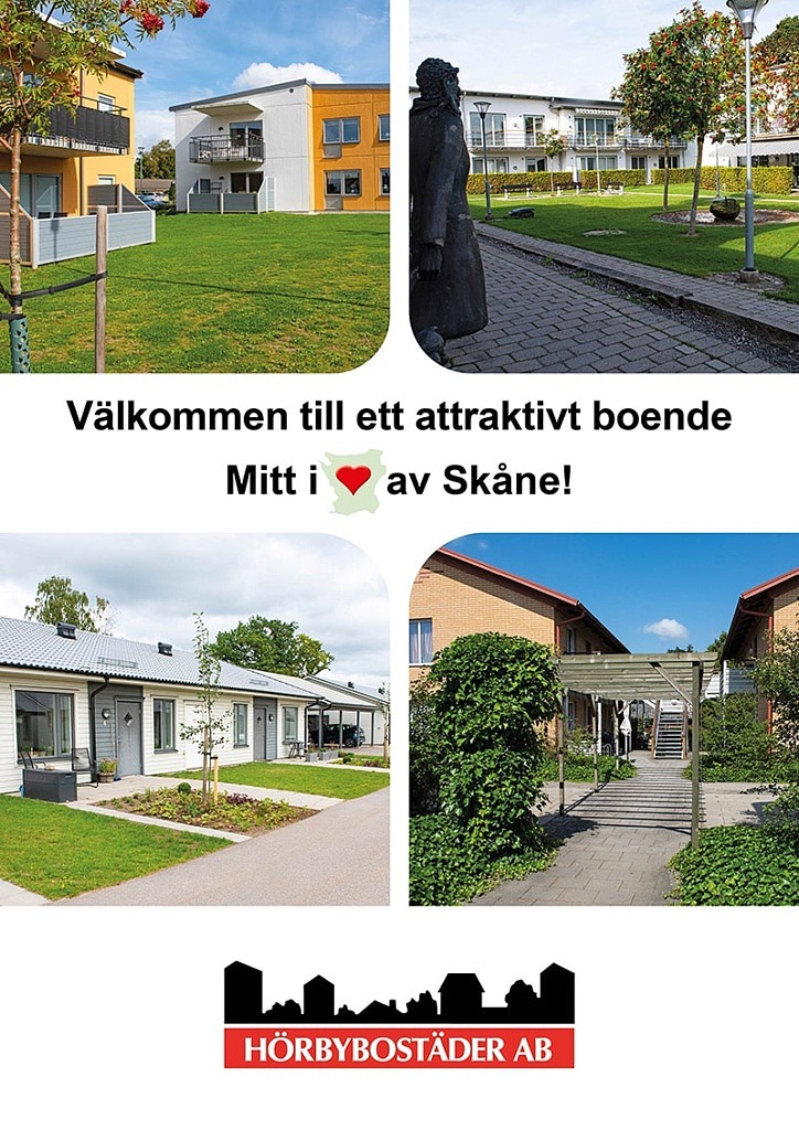 Omslagsida av broschyr om Hörbybostäder. Fyra foton visar olika fastigheter. Längst ner finns Hörbybostäders logotyp.
